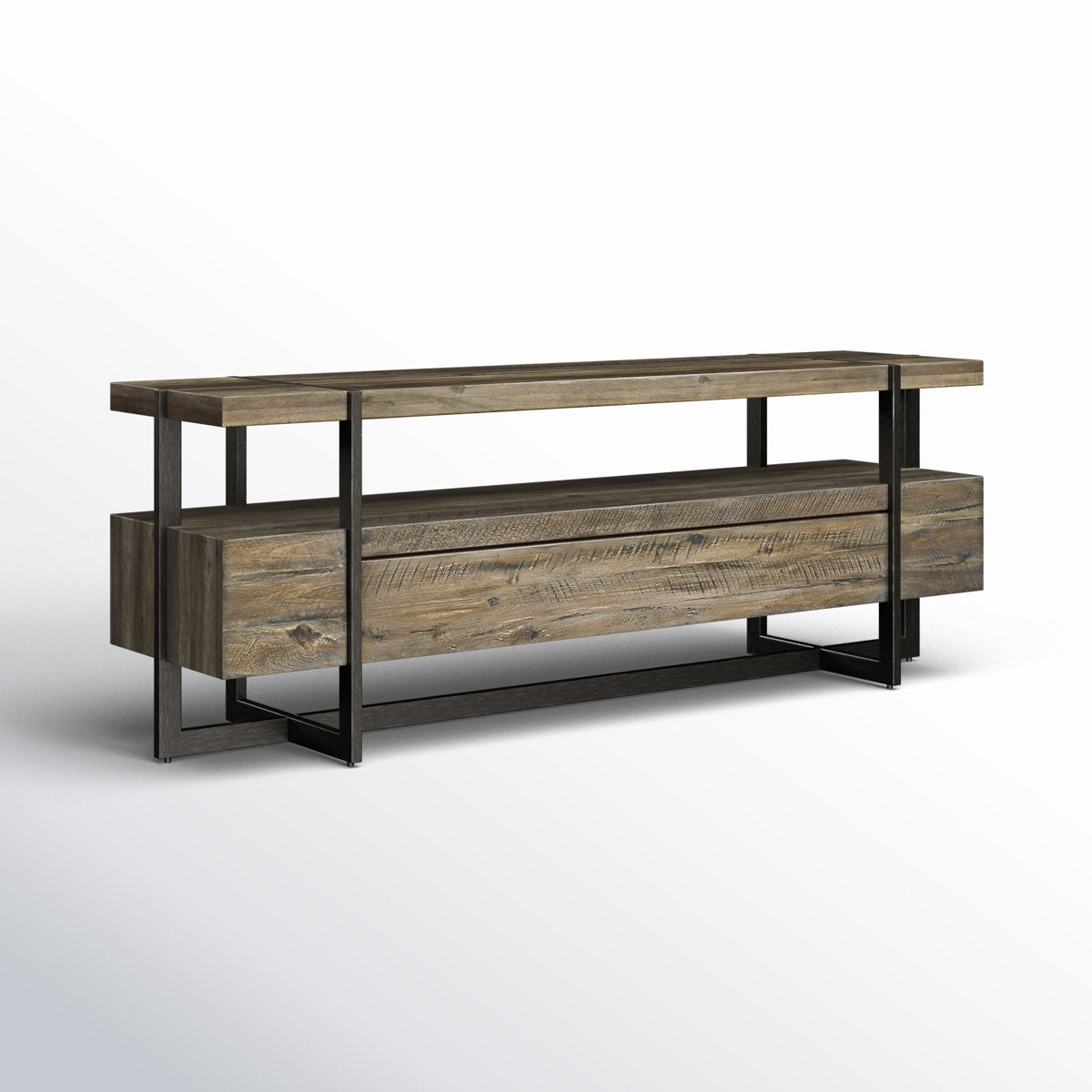 TV Stand in Solid Acacia Wood with Black Metal Frame, 66 In Wide