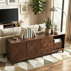 TV Stand in Solid and Engineered Wood with Sliding Doors, Walnut