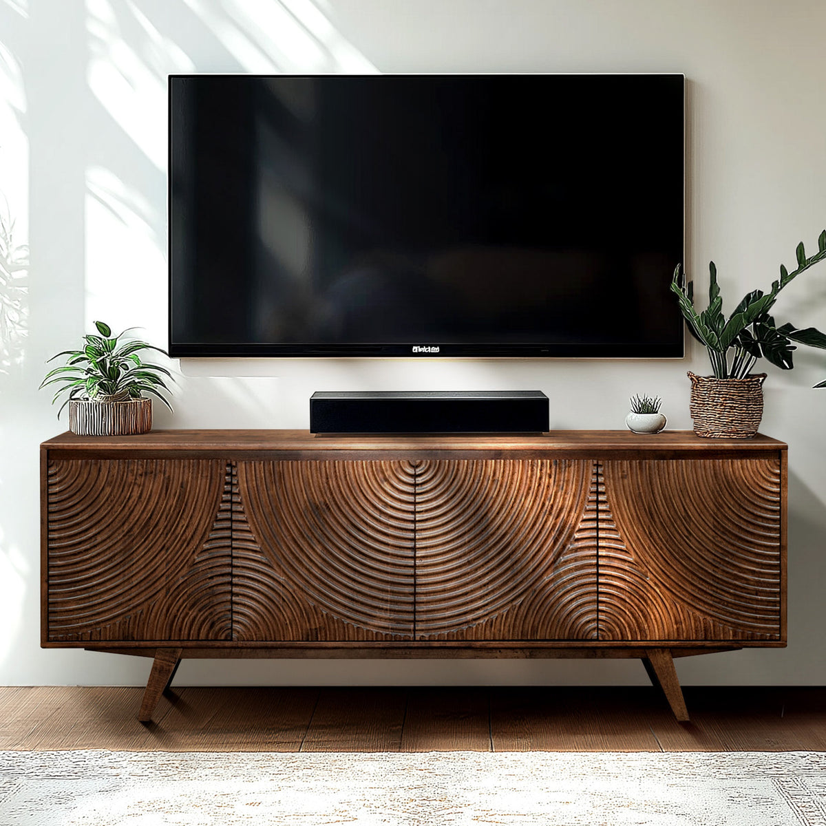 TV Stand in Solid Hevea Wood, 71 Inches Wide, Walnut