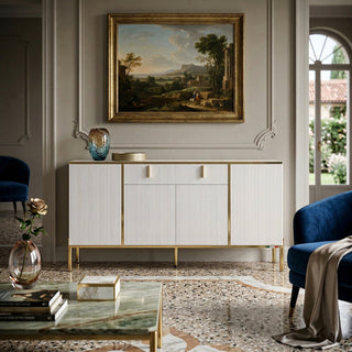 TV Stand, Solid and Manufactured Wood, 63-Inch Wide, White, Gold Legs