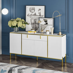 TV Stand, Solid and Manufactured Wood, 63-Inch Wide, White, Gold Legs