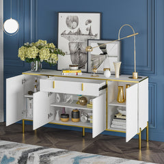 TV Stand, Solid and Manufactured Wood, 63-Inch Wide, White, Gold Legs