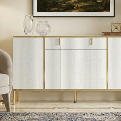 TV Stand, Solid and Manufactured Wood, 63-Inch Wide, White, Gold Legs