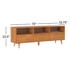 TV Stand, Solid Pine with Three Drawers, Caramel