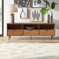 TV Stand, Solid Pine with Three Drawers, Caramel