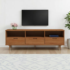 TV Stand, Solid Pine with Three Drawers, Caramel