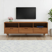 TV Stand, Solid Pine with Three Drawers, Caramel