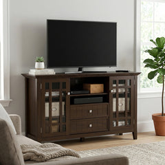 TV Stand, Solid Wood with Two Drawers in Dark Chestnut Brown