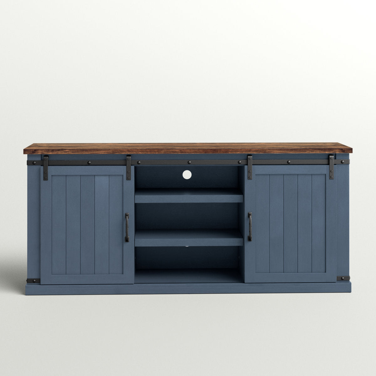 TV Stand with 2 Barn Door Cabinets in Navy and Brown Engineered Wood