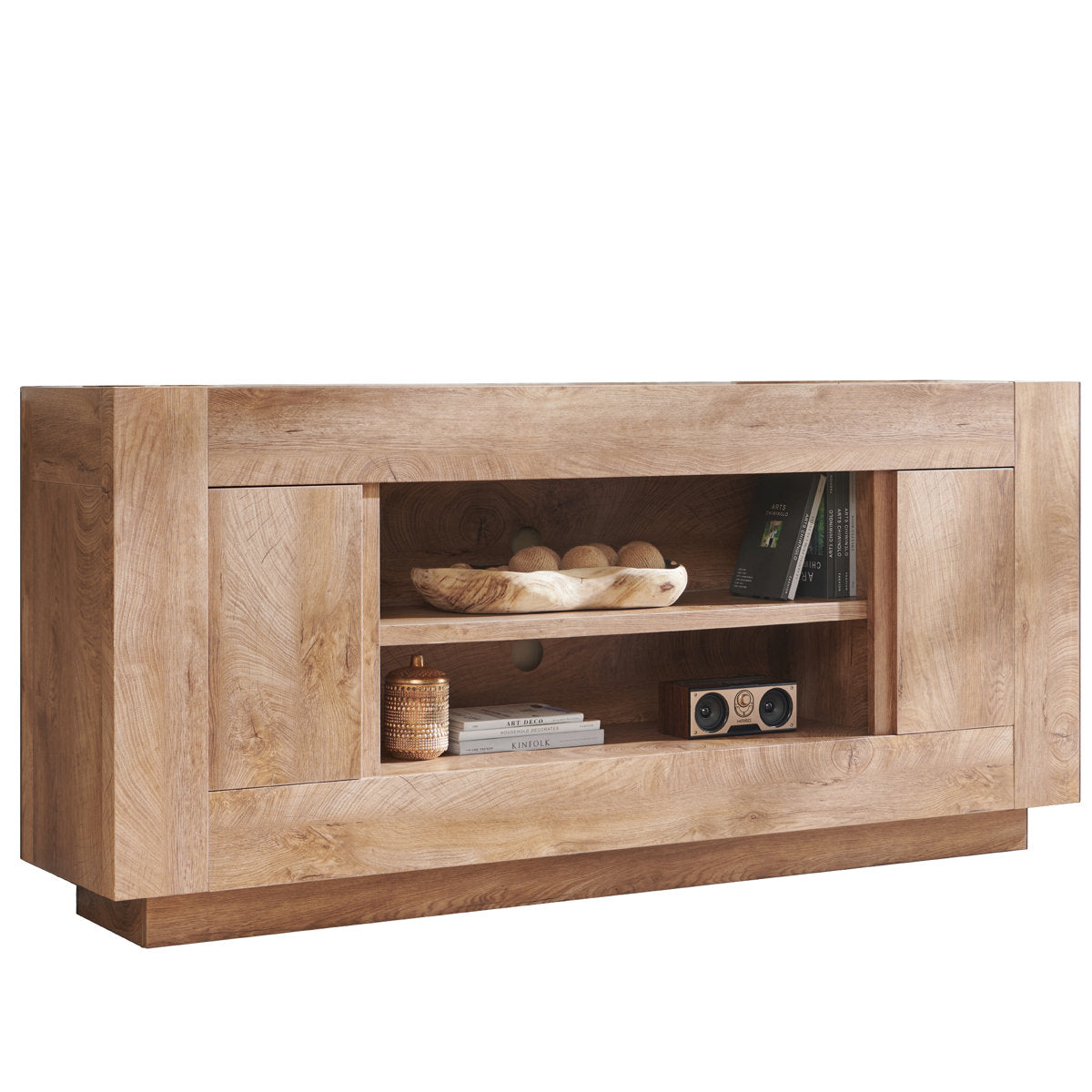 TV Stand with 2 Cabinets in Light Knotty Solid and Manufactured Wood