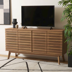 TV Stand with 2 Cabinets, Oak Solid and Engineered Wood