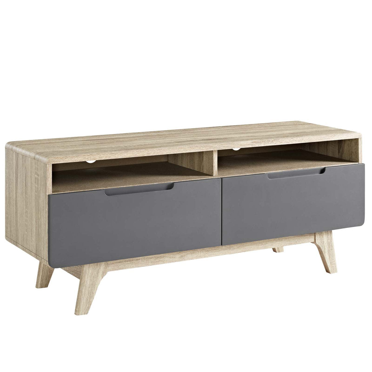 TV Stand with 2 Drawers and 2 Open Shelves in Natural and Gray