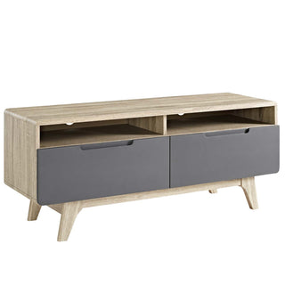 TV Stand with 2 Drawers and 2 Open Shelves in Natural and Gray