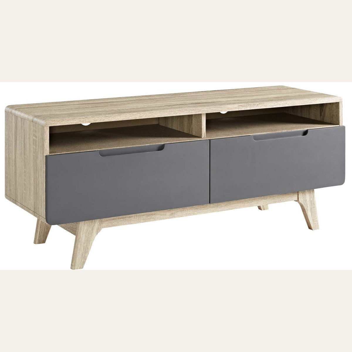 TV Stand with 2 Drawers and 2 Open Shelves in Natural and Gray