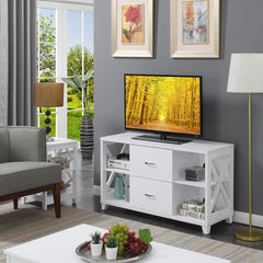 TV Stand with 2 Drawers and 3 Shelves in White Manufactured Wood