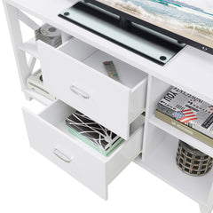 TV Stand with 2 Drawers and 3 Shelves in White Manufactured Wood