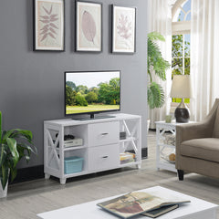 TV Stand with 2 Drawers and 3 Shelves in White Manufactured Wood