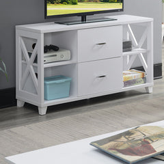 TV Stand with 2 Drawers and 3 Shelves in White Manufactured Wood