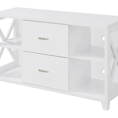 TV Stand with 2 Drawers and 3 Shelves in White Manufactured Wood
