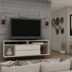 TV Stand with 2 Drawers and Metal Legs in Off White