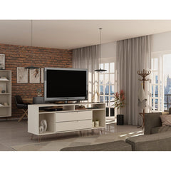 TV Stand with 2 Drawers and Metal Legs in Off White