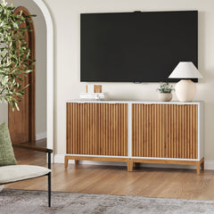 TV Stand with 2 Fluted Cabinets in Rubberwood, White/Brown