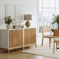 TV Stand with 2 Fluted Cabinets in Rubberwood, White/Brown