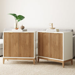 TV Stand with 2 Fluted Cabinets in Rubberwood, White/Brown