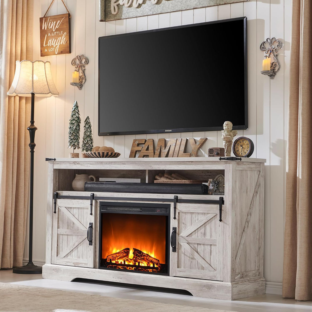 TV Stand with 23 in Electric Fireplace in Antique Brush White