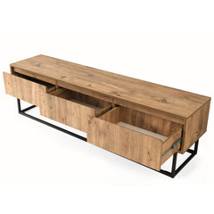 TV Stand with 3 Drawers in Black and Pine, Melamine Coated Particle Board