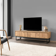 TV Stand with 3 Drawers in Black and Pine, Melamine Coated Particle Board