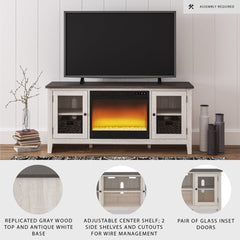 TV Stand with Electric Fireplace, 60 Inch Wide, Antique White and Dark Gray