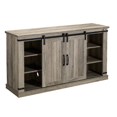 TV Stand with Electric Fireplace and Barn Doors in Antique Gray Oak