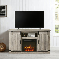 TV Stand with Electric Fireplace and Barn Doors in Antique Gray Oak