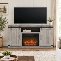 TV Stand with Electric Fireplace and Barn Doors in Antique Gray Oak