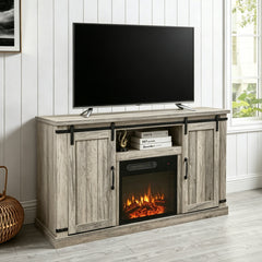 TV Stand with Electric Fireplace and Barn Doors in Antique Gray Oak
