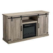 TV Stand with Electric Fireplace and Barn Doors in Antique Gray Oak