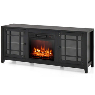 TV Stand with Electric Flame Insert, Black Engineered Wood with Steel Accents