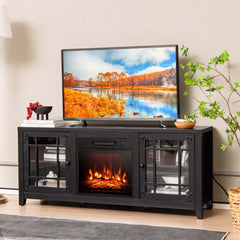 TV Stand with Electric Flame Insert, Black Engineered Wood with Steel Accents