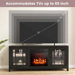 TV Stand with Electric Flame Insert, Black Engineered Wood with Steel Accents