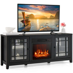 TV Stand with Electric Flame Insert, Black Engineered Wood with Steel Accents