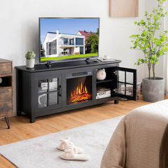TV Stand with Electric Flame Insert, Black Engineered Wood with Steel Accents