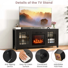 TV Stand with Electric Flame Insert, Black Engineered Wood with Steel Accents