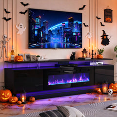 TV Stand with Fireplace, 70 Inch, Black Manufactured Wood