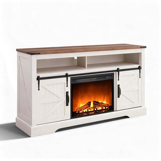 TV Stand with Sliding Barn Doors and Electric Flame Effect in Antique White