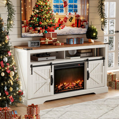TV Stand with Sliding Barn Doors and Electric Flame Effect in Antique White