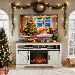 TV Stand with Sliding Barn Doors and Electric Flame Effect in Antique White