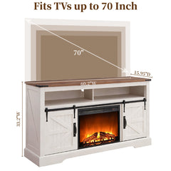 TV Stand with Sliding Barn Doors and Electric Flame Effect in Antique White
