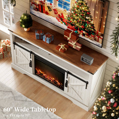 TV Stand with Sliding Barn Doors and Electric Flame Effect in Antique White