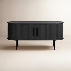 TV Stand with Sliding Doors, Solid and Engineered Wood in Black Oak